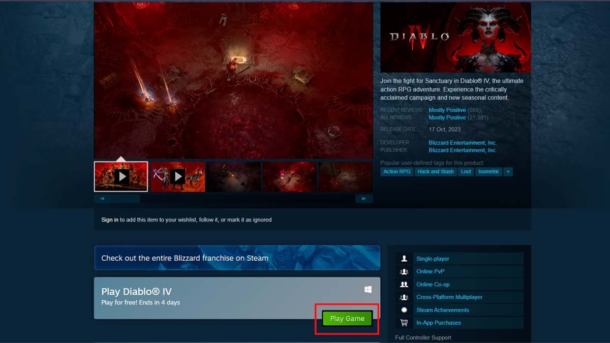 steam page where you can play Diablo 4 for free