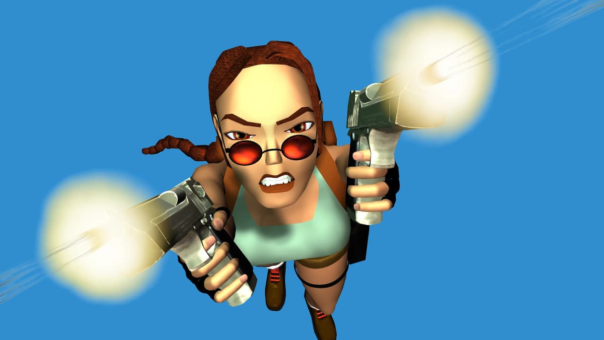 Lara Croft jumps forward with her guns blazing.