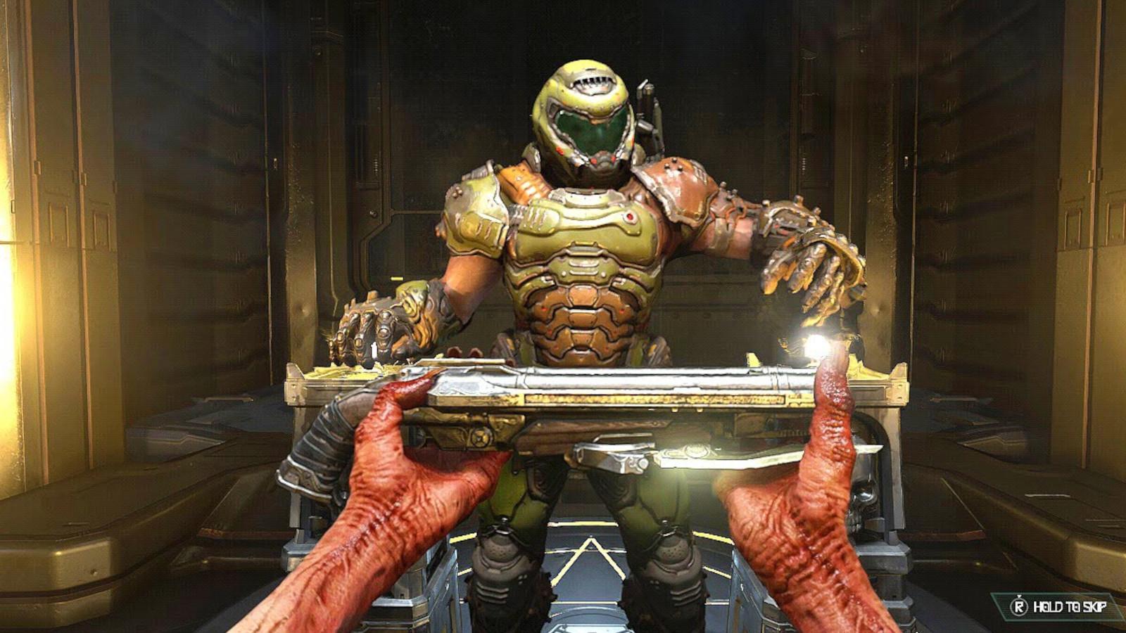 Doomguy is handed the Super Shotgun