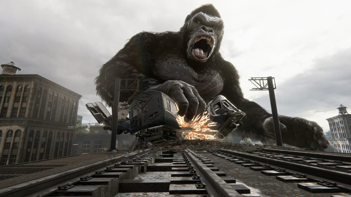 Official keyart from Kong Survival Instinct featuring Kong crushing a train cart.