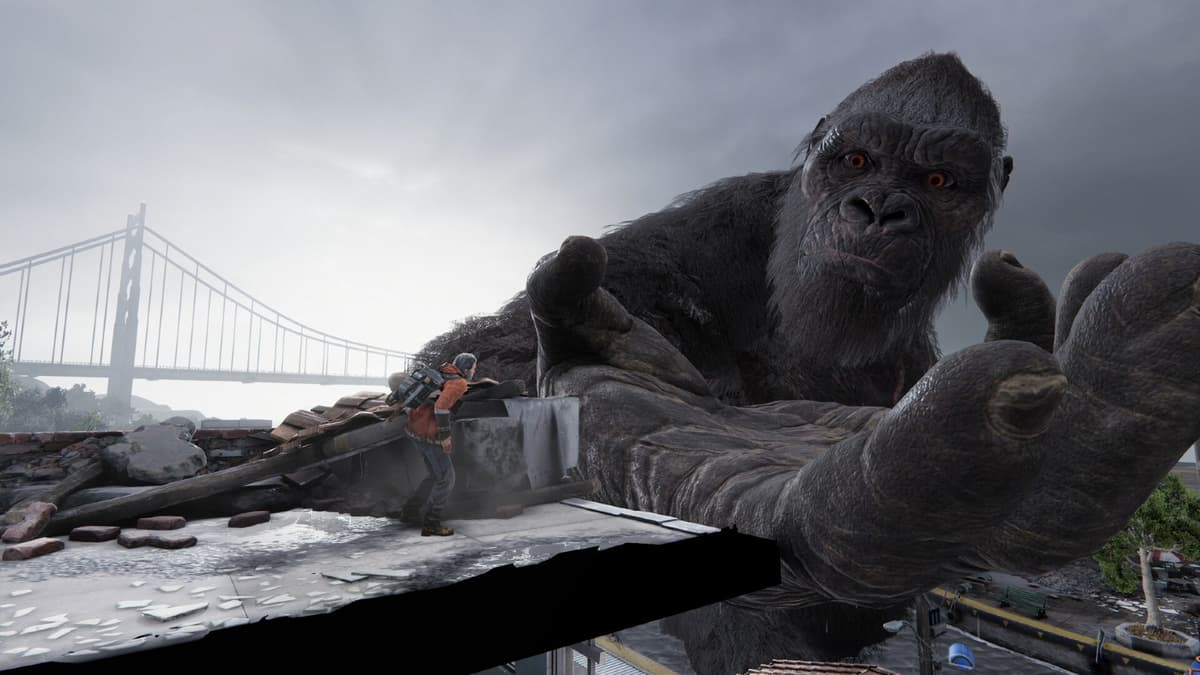 A screenshot from Kong: Survivor Instinct featuring King Kong and protagonist David.