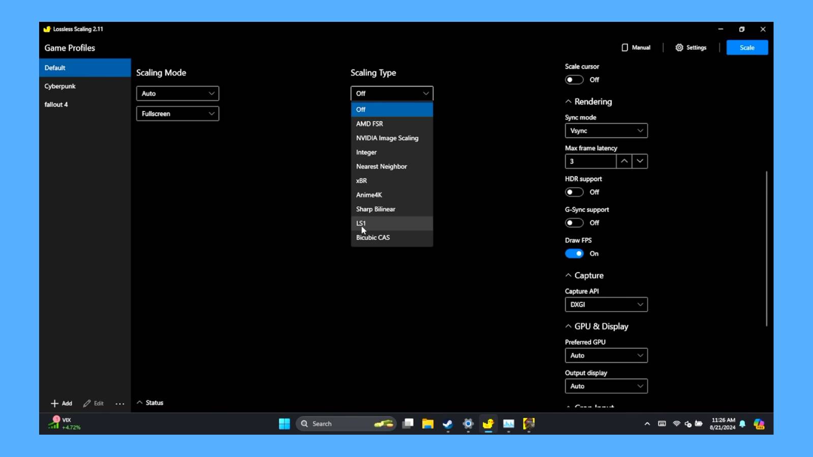 Screenshot of the Lossless Scaling app running on Windows through a Steam Deck via ETA PRIME'S YouTube video,