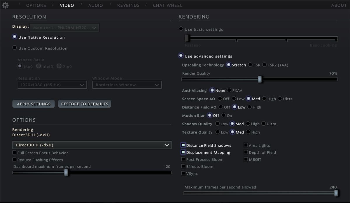 Экран настроек характеристик ПК Deadlock mid