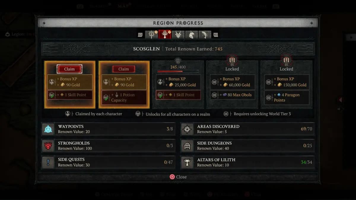 Diablo 4 Renown Menu