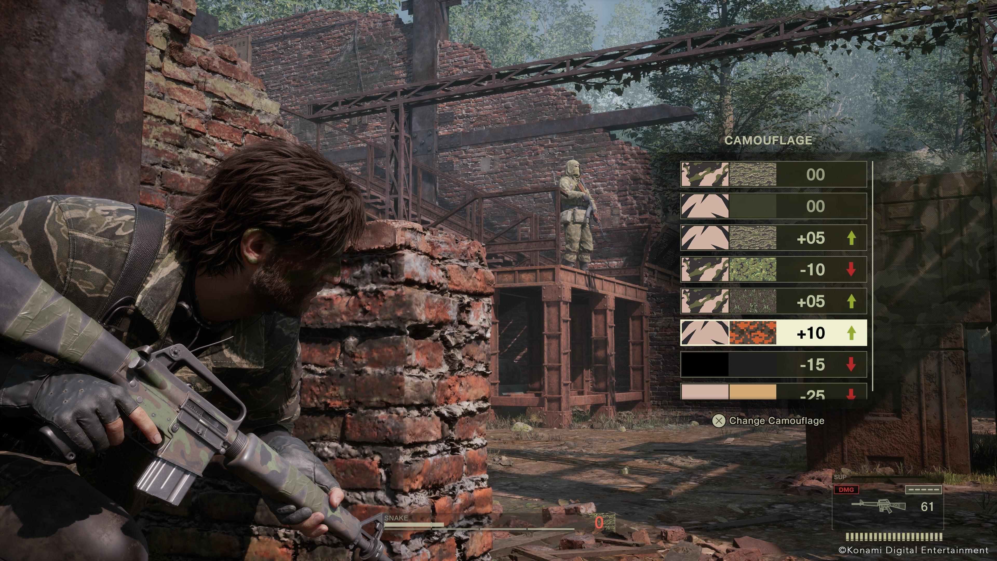 Snake hides behind brick wall in Metal Gear Solid Delta