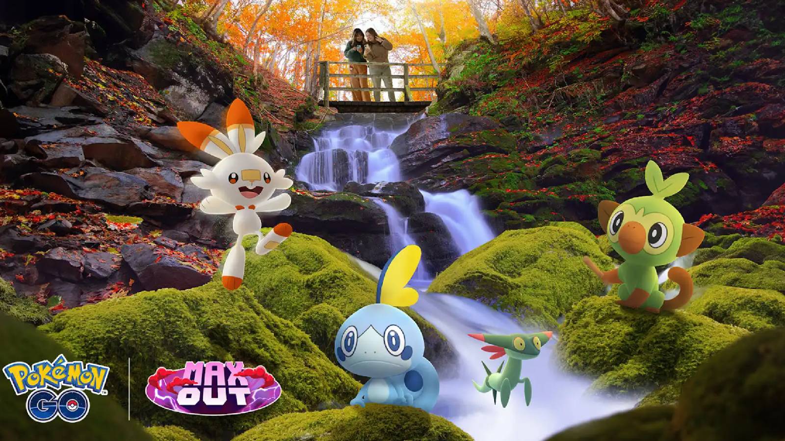 Key art for the Pokemon Go Max Out season shows Scorbunny, Sobble, Grookey, and Dreepy