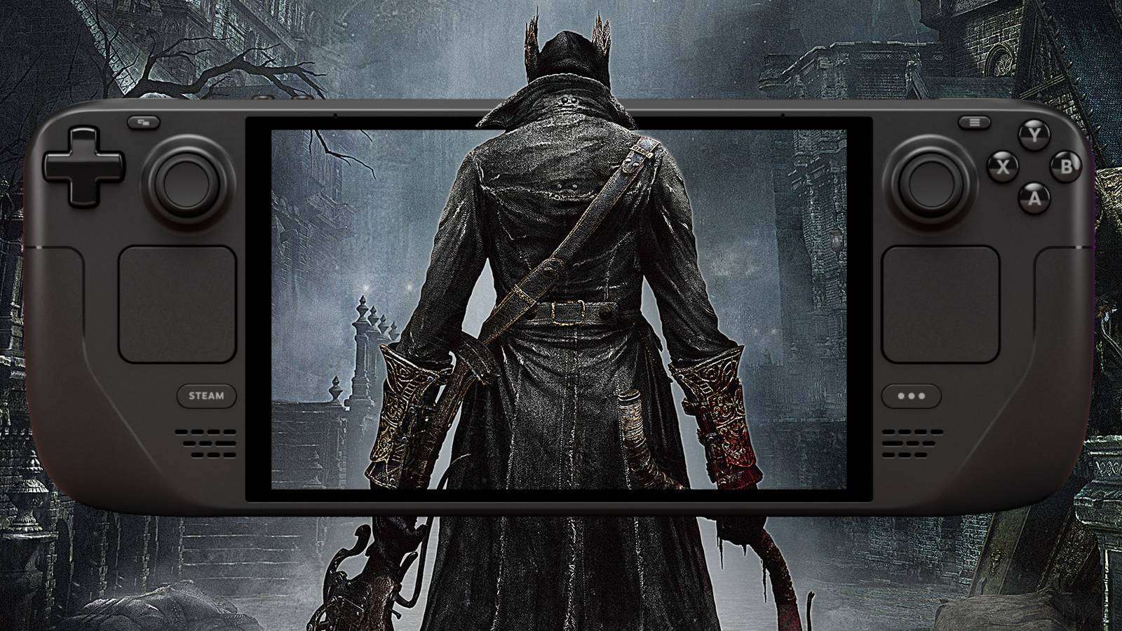 Key art from Bloodborne on the screen of a Steam Deck.