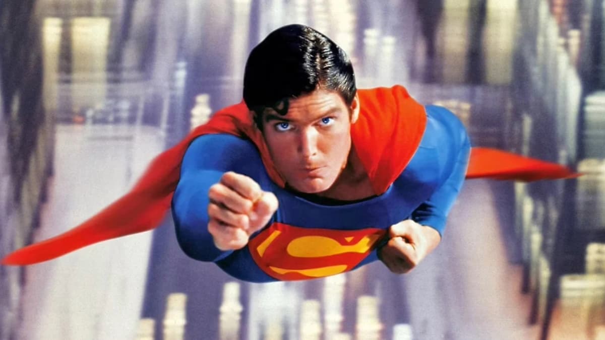 How to watch Superman: The Christopher Reeve Story - Christopher Reeve as Superman, flying over a city