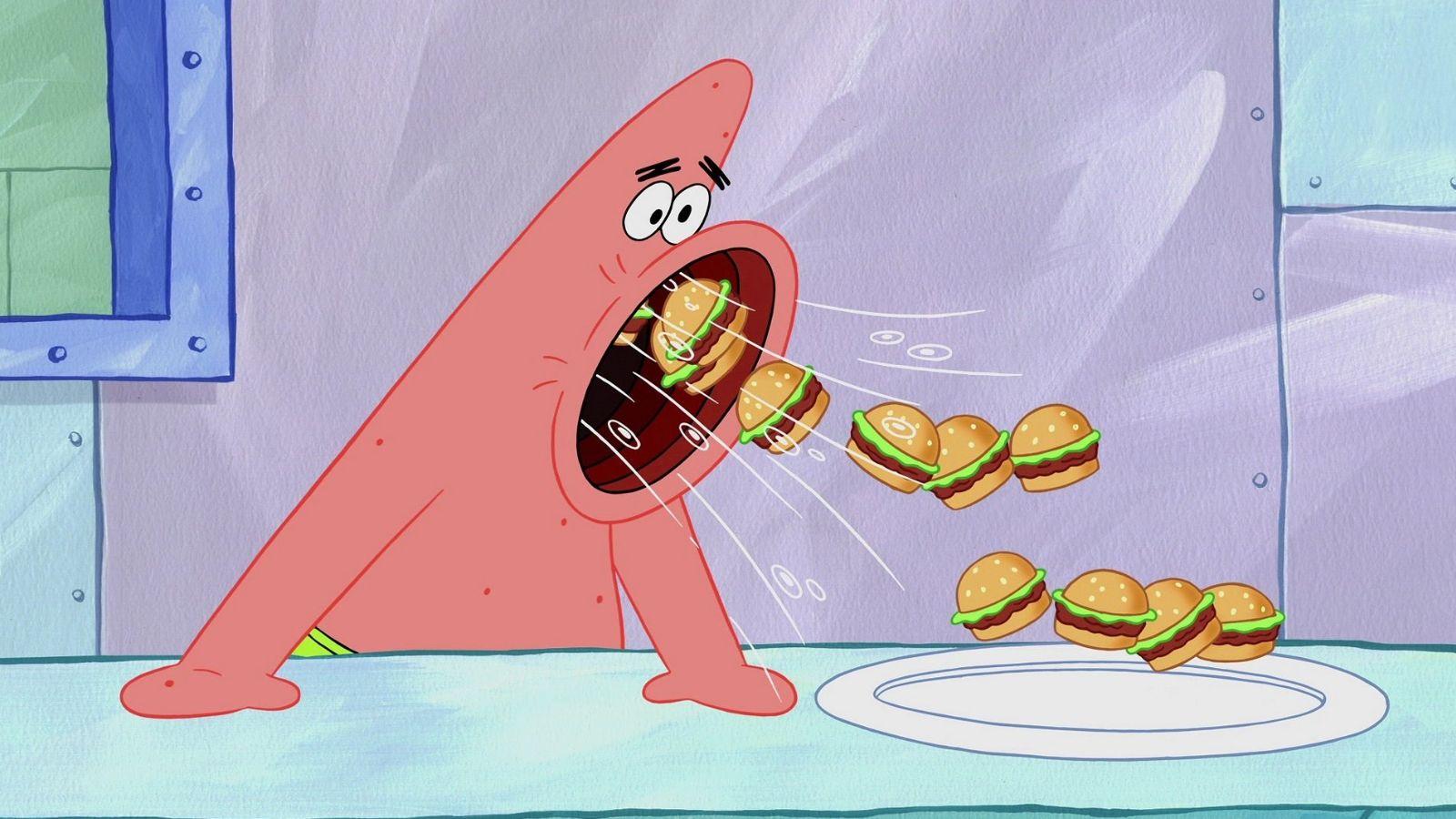 Patrick Star from SpongeBob eating a whole pile of Krabby Pattys.