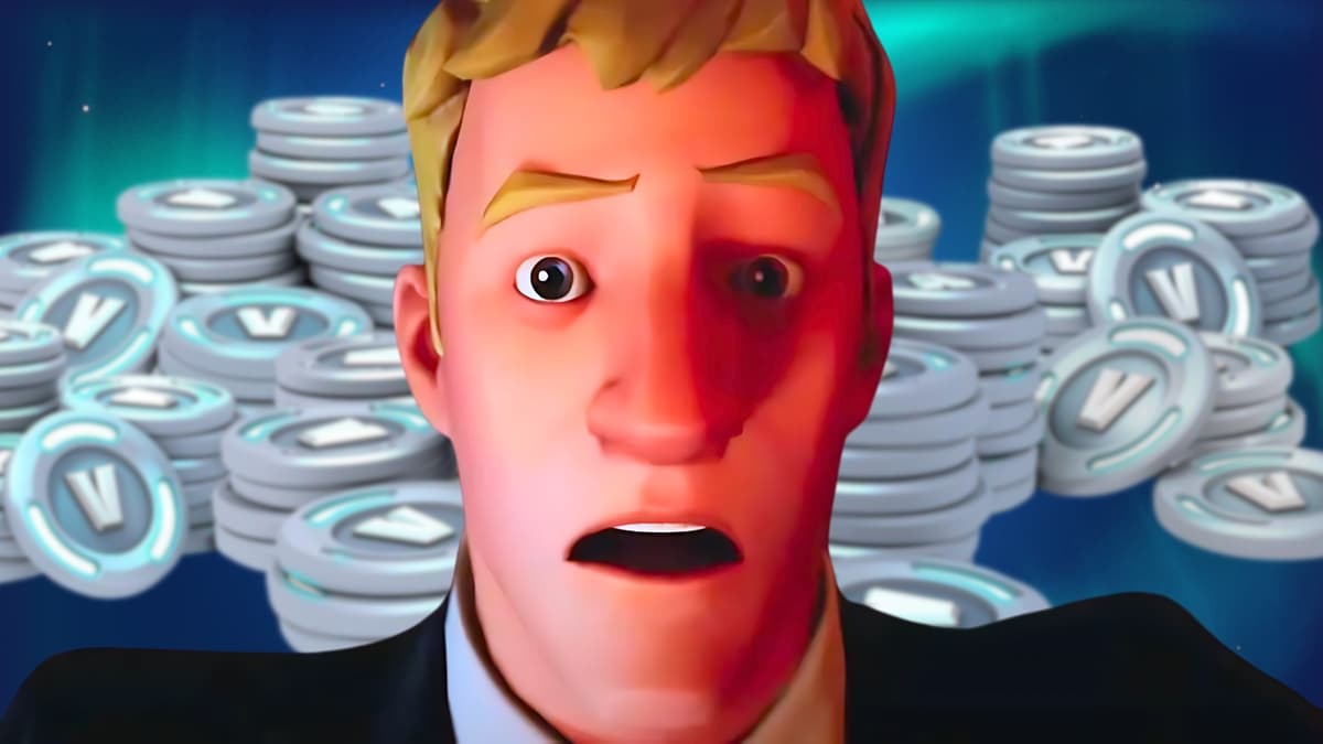 Jonesy looking shocked in front of V-Bucks