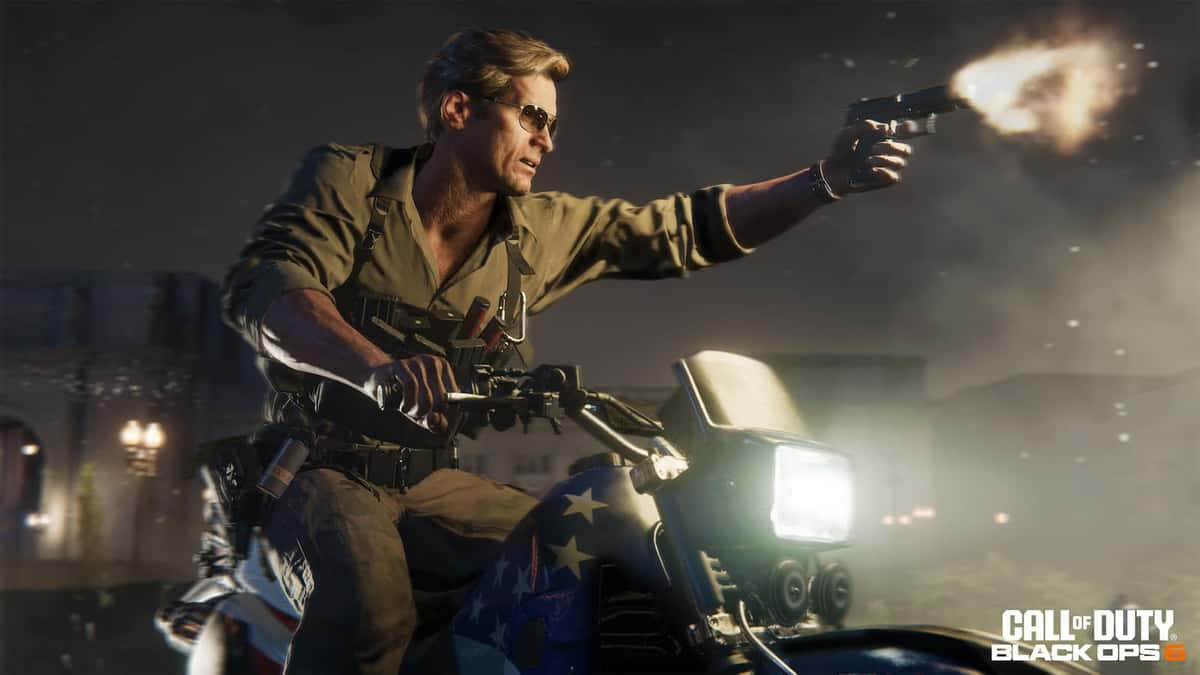 A Black Ops 6 character sitting on a motorbike, holding a pistol.