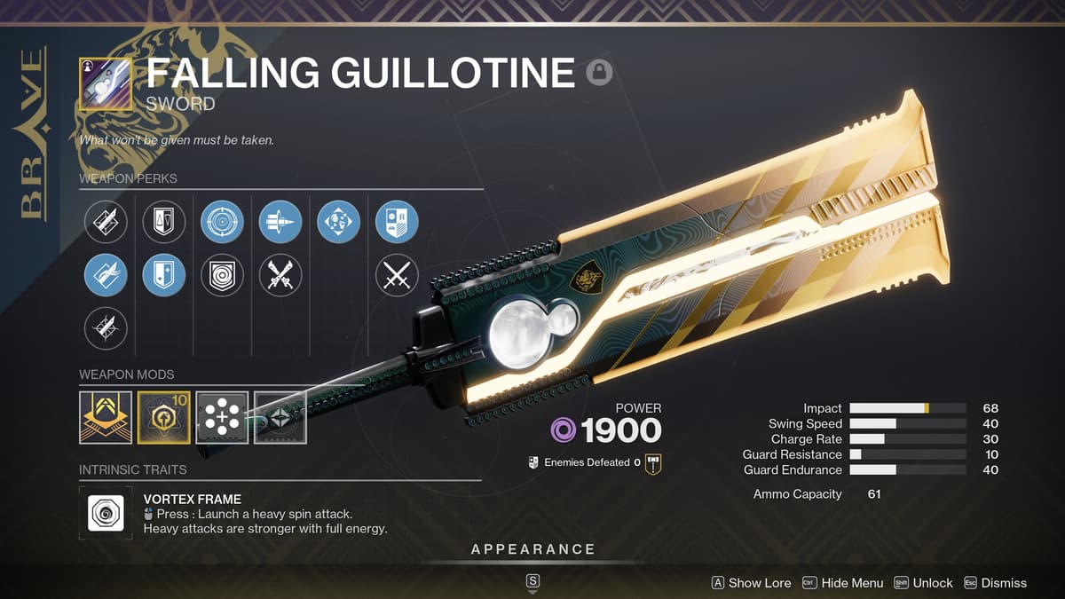 Falling Guillotine god roll in Destiny 2.