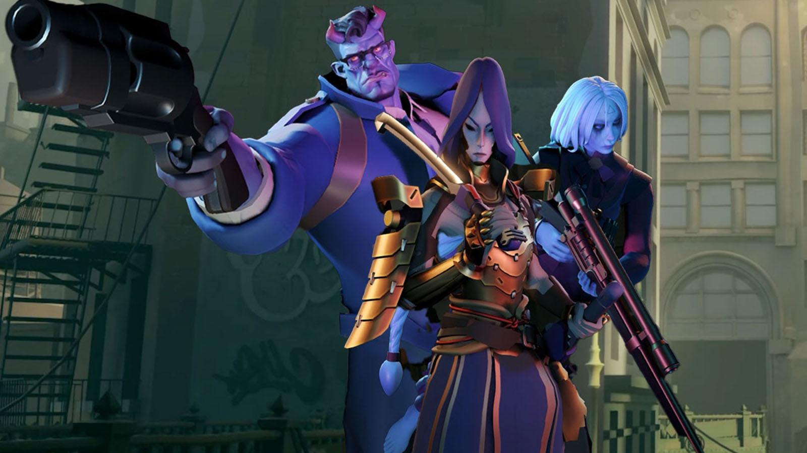 Three Deadlock characters standing posing with weapons in front of a grey background.