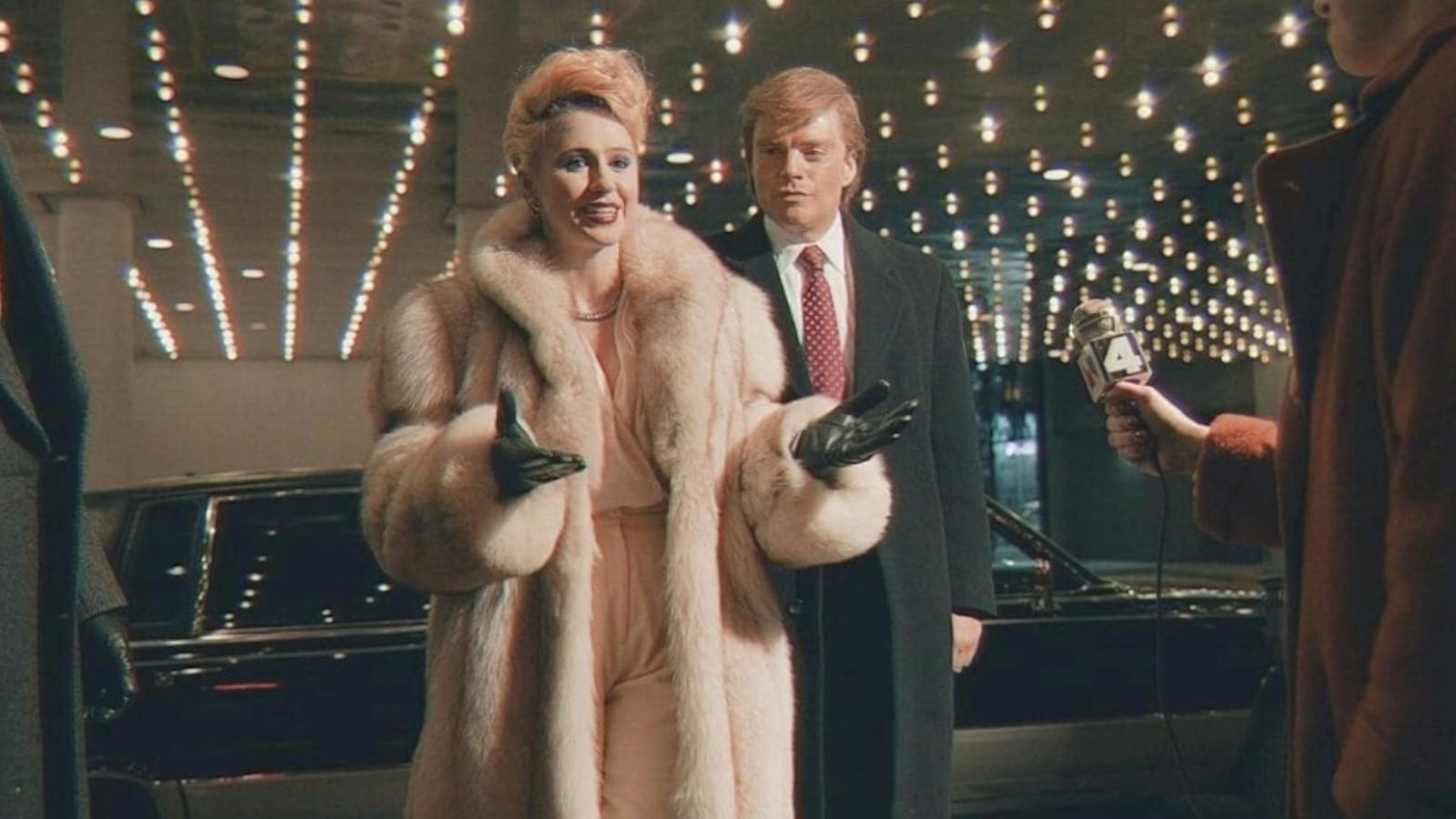 Sebastian Stan as Donald Trump and Maria Bakalova as Ivana Trump in The Apprentice