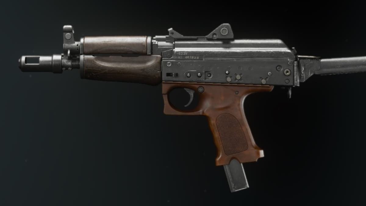 The Jackal SMG, a small gun with a brown barrel against a black background