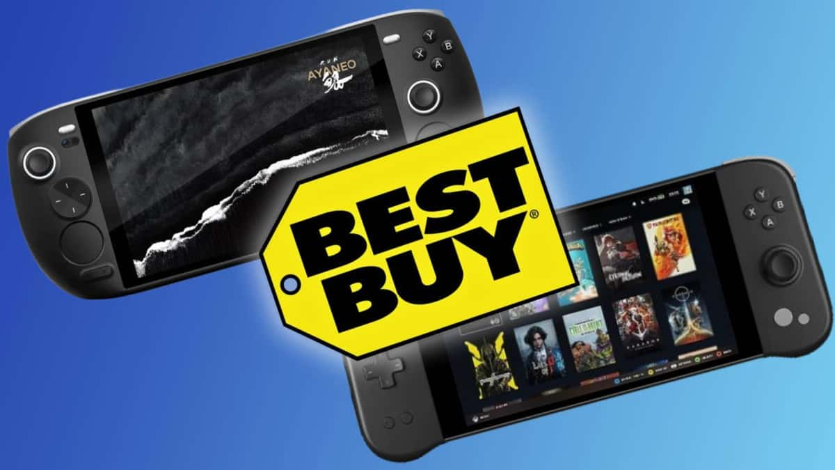 Image of the two Ayaneo handhelds on a blue background with the Best Buy logo on top.