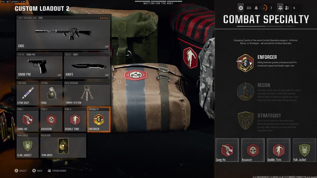 The Black Ops 6 perk selection screen, showing the Enforcer specialist