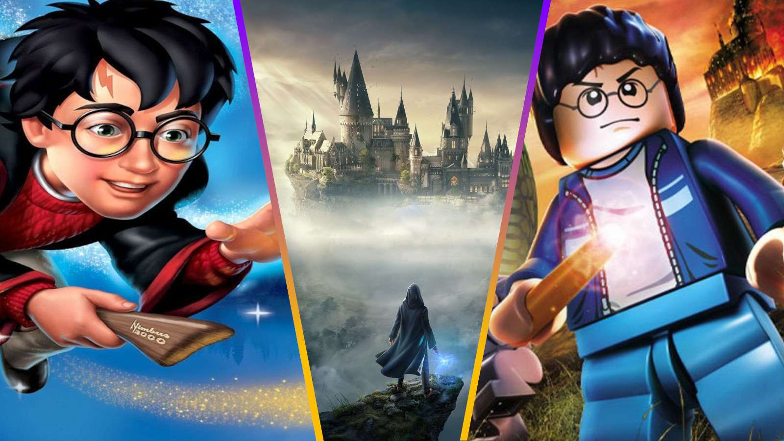 Best Harry Poitter games represented by the Philosopher's stone, Hogwarts Legacy, and the LEGO game