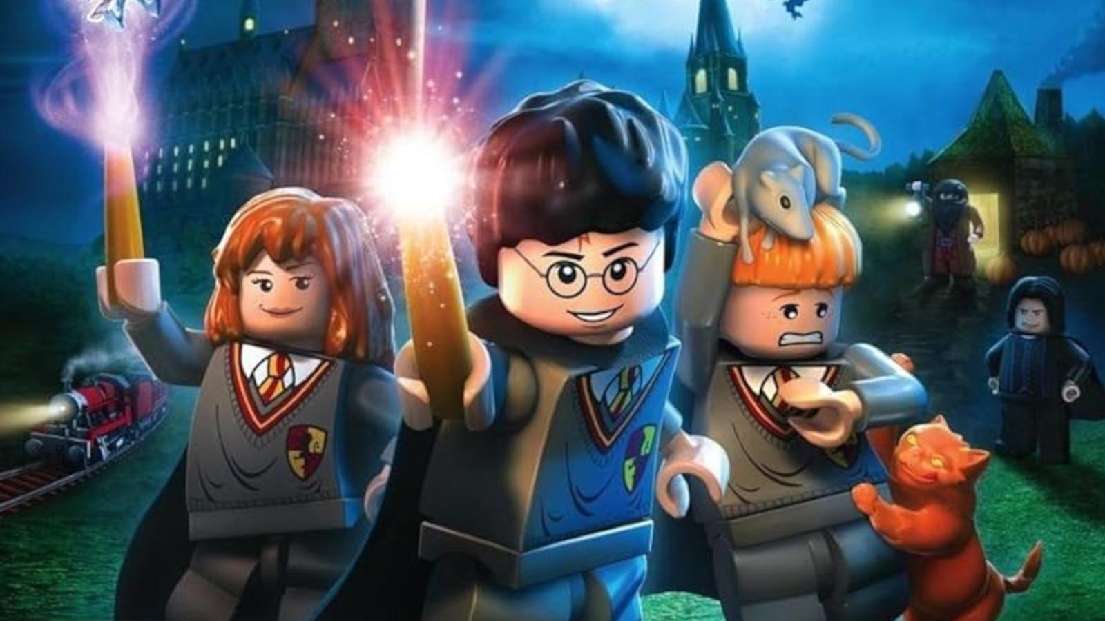 A LEGO version of Harry Potter casts a spell while Ron and Hermione stand behind him