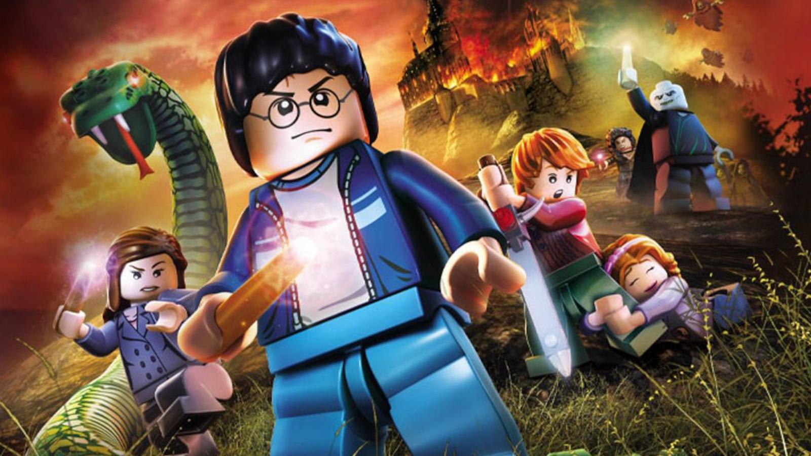 A LEGO version of Harry Potter stands defiant while Hogwarts burns in the background.