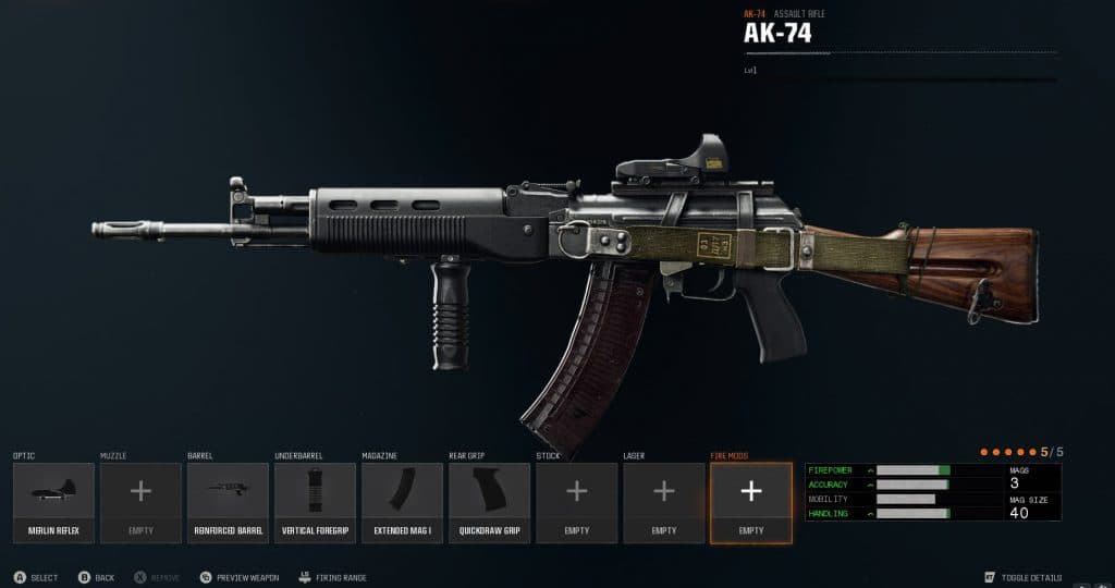 The AK-74 in Black Ops 6's loadout building screen.