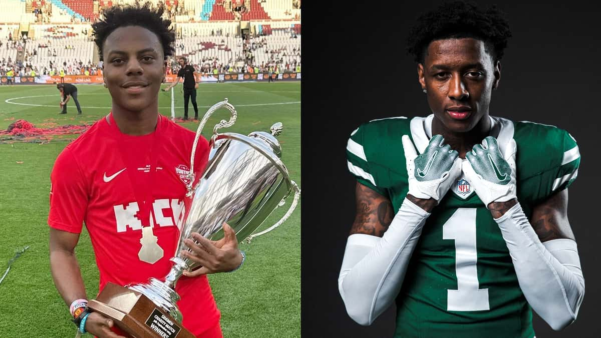 image of ishowspeed holding a trophy next to photo of sauce gardner wearing New York Jets gear