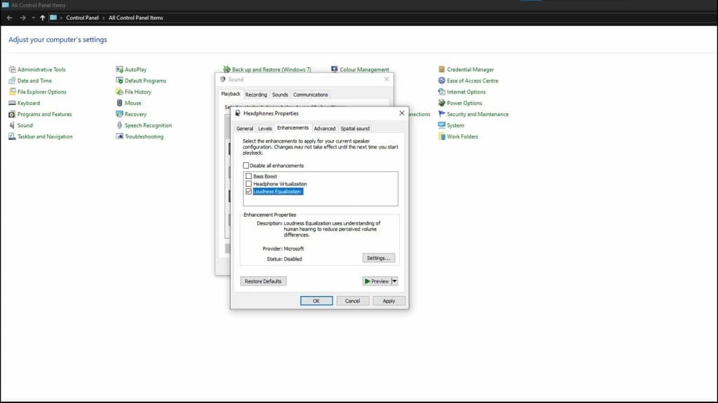 loudness equalization setting in windows 10