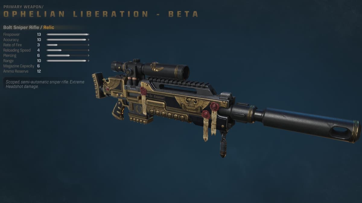 An image of the Ophelian Liberation Bolt Sniper Rifle stats in Space Marine 2