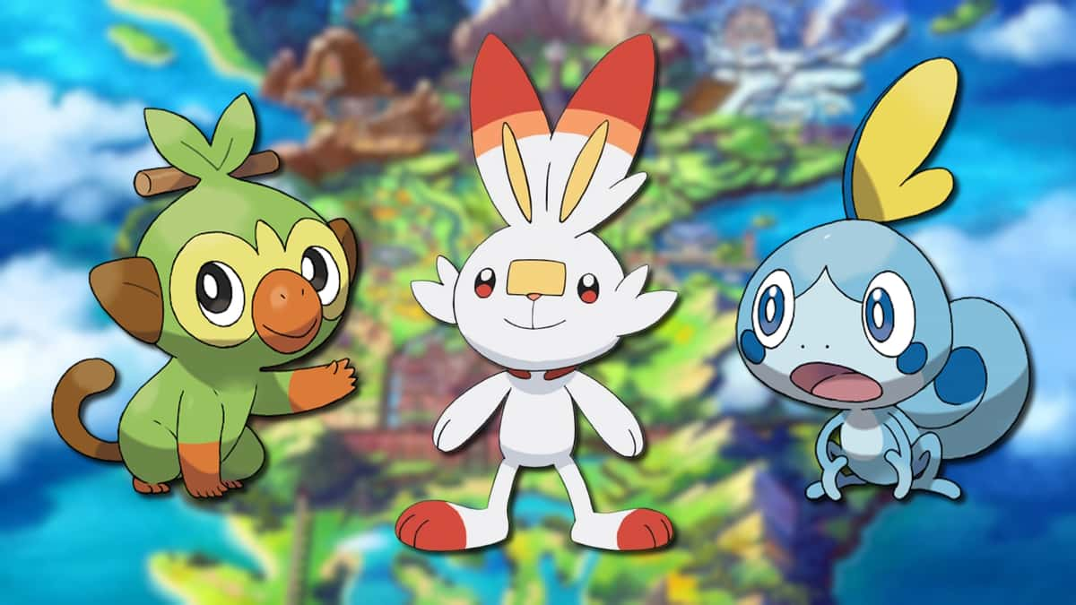 Three Galar Pokemon: Grookey, Scorbunny, and Sobble.