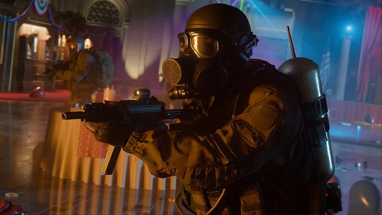 A Black Ops 6 character, dressed in black and wearing a gas mask, running with an SMG