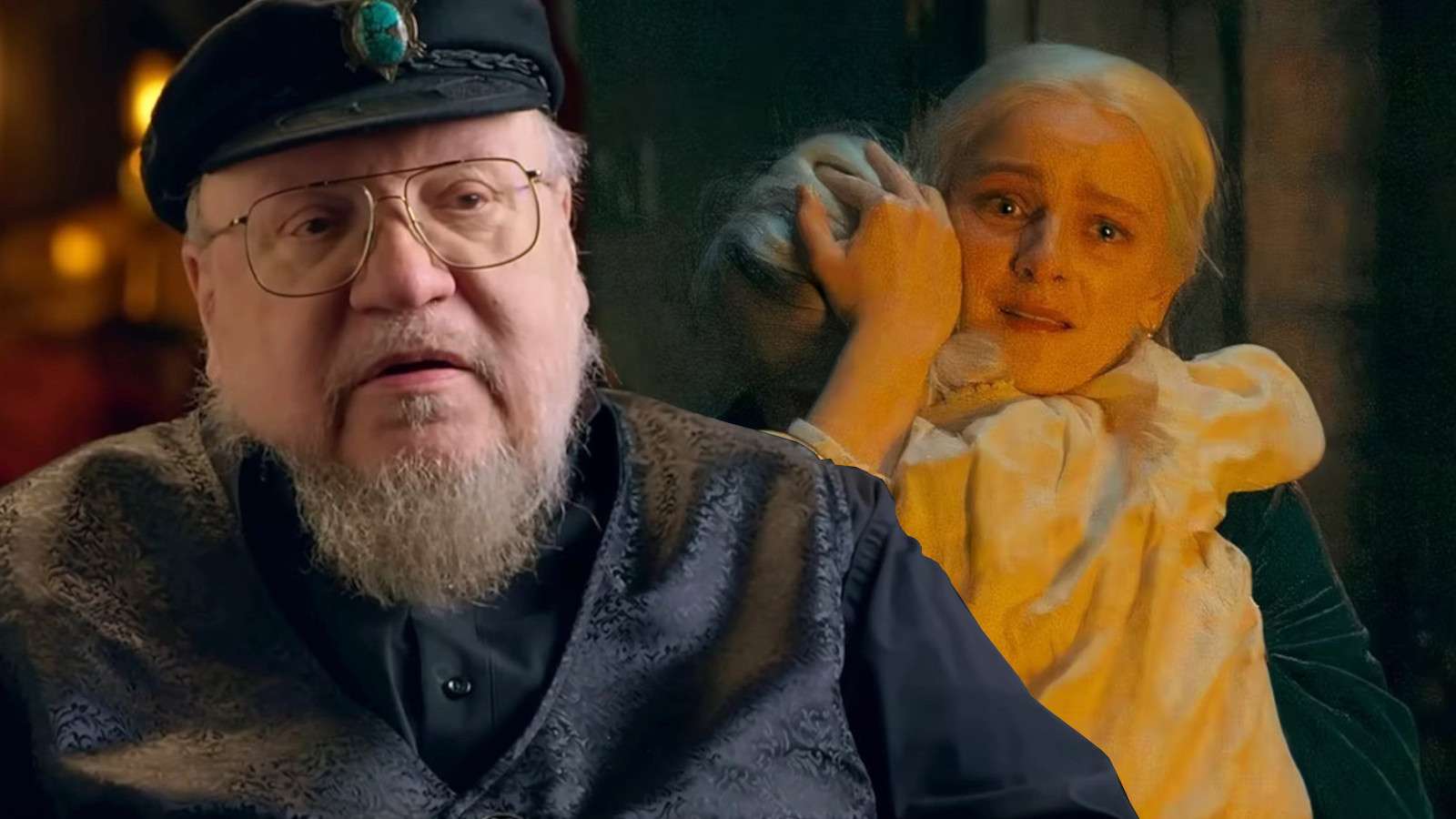 George RR Martin with Helaena in the background.