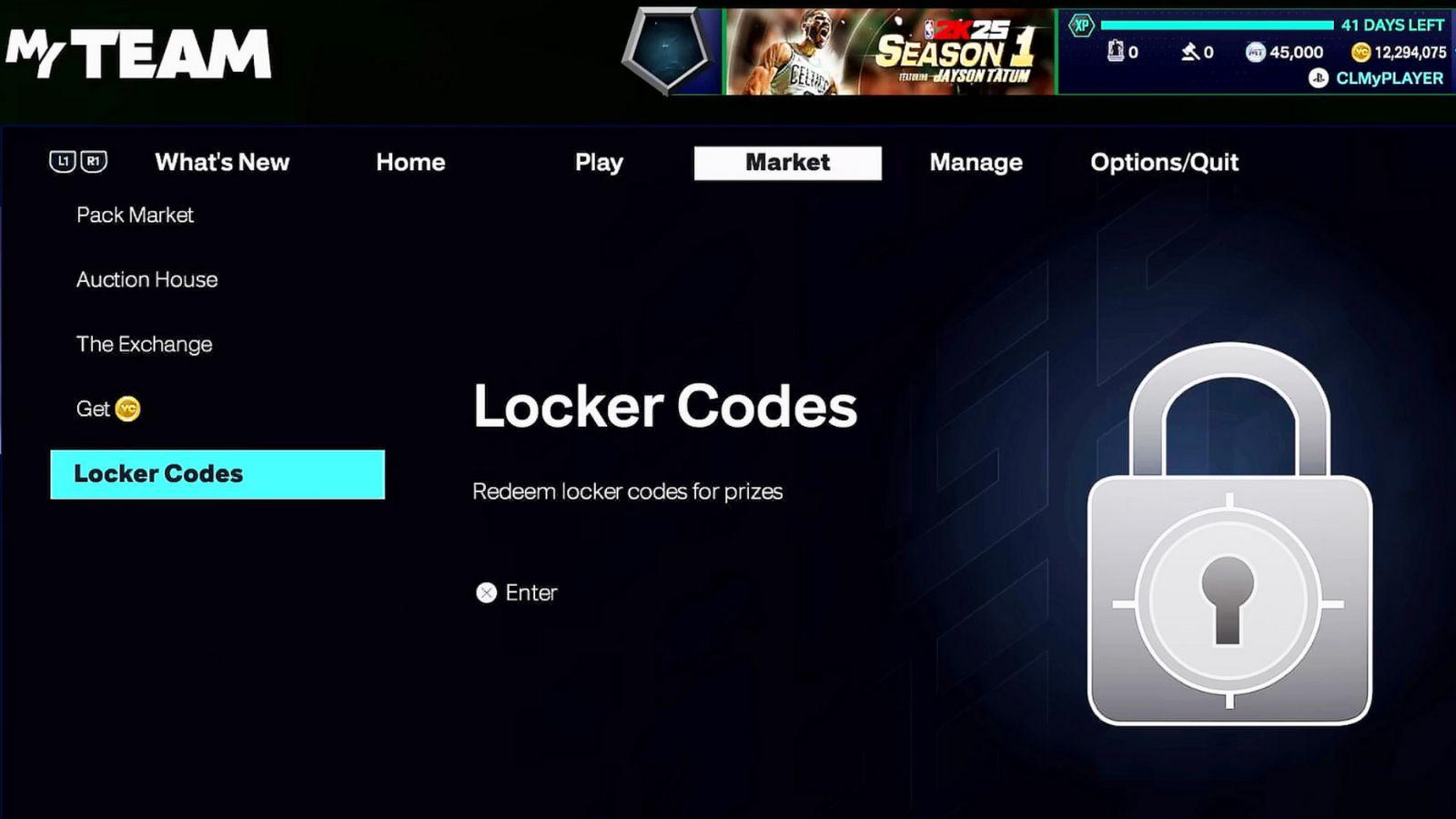 Screenshot of MyTeam menu with Locker Code redemption in NBA 2K25