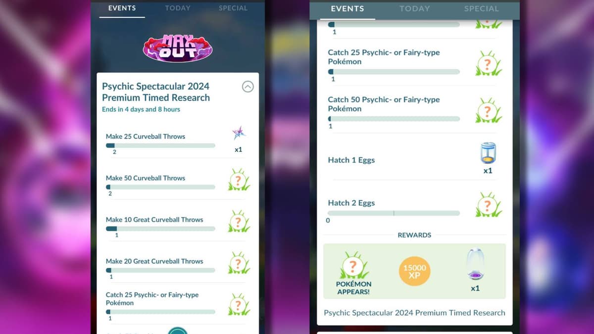 Screenshots of the menu from Pokemon Go show the tasks for the Psychic Spectacular event