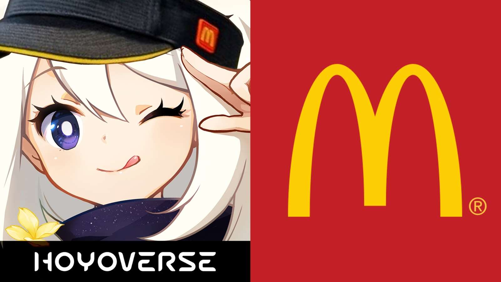 A screenshot featuring Paimon from Genshin Impact wearing a McDonalds hat and a McD logo