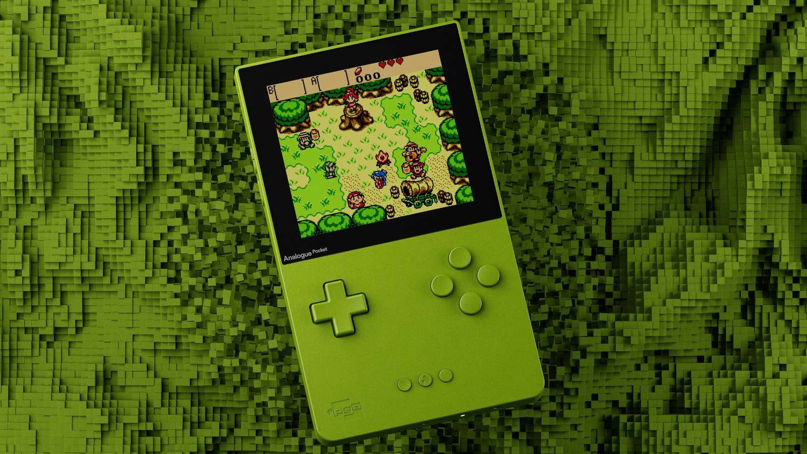 Promo image of the green variant of the Game Boy Color inspired Analogue Pocket.