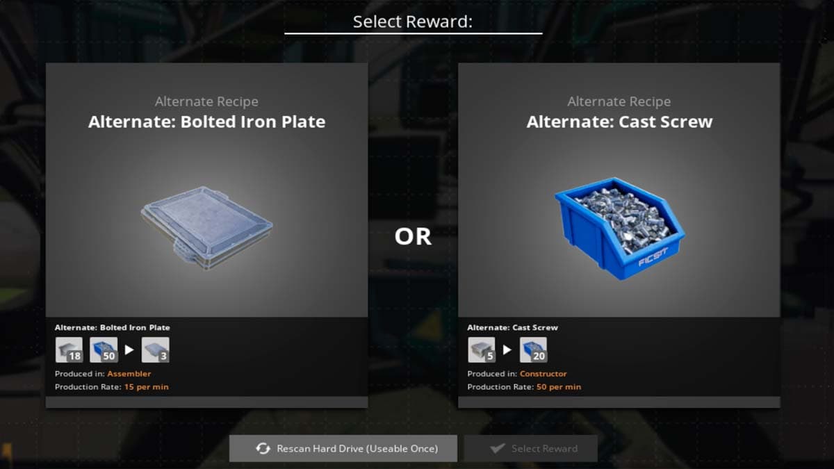 A screenshot of the rewards screen showing two alternative recipes in Satisfactory.