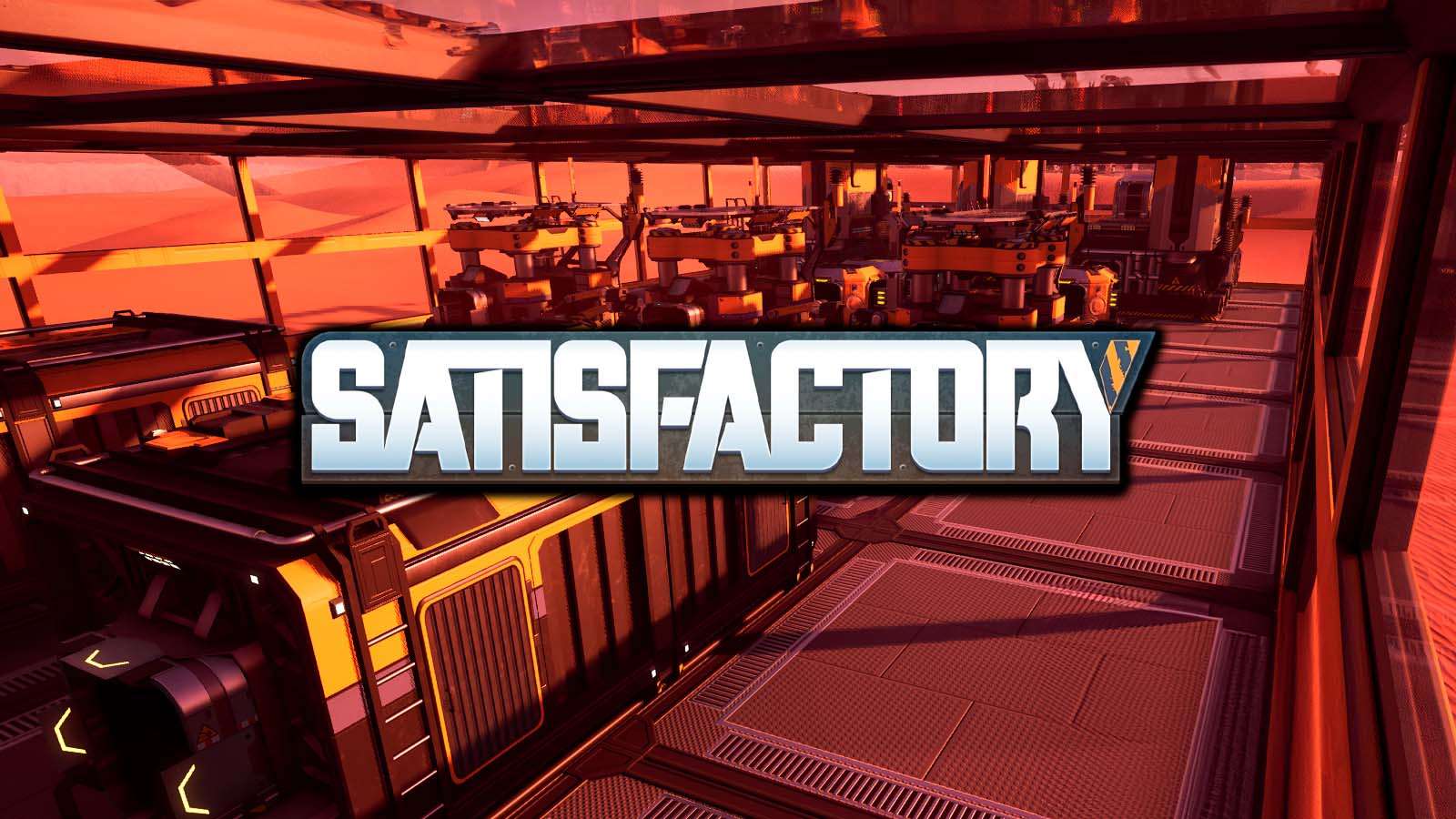 Satisfactory factory with game logo