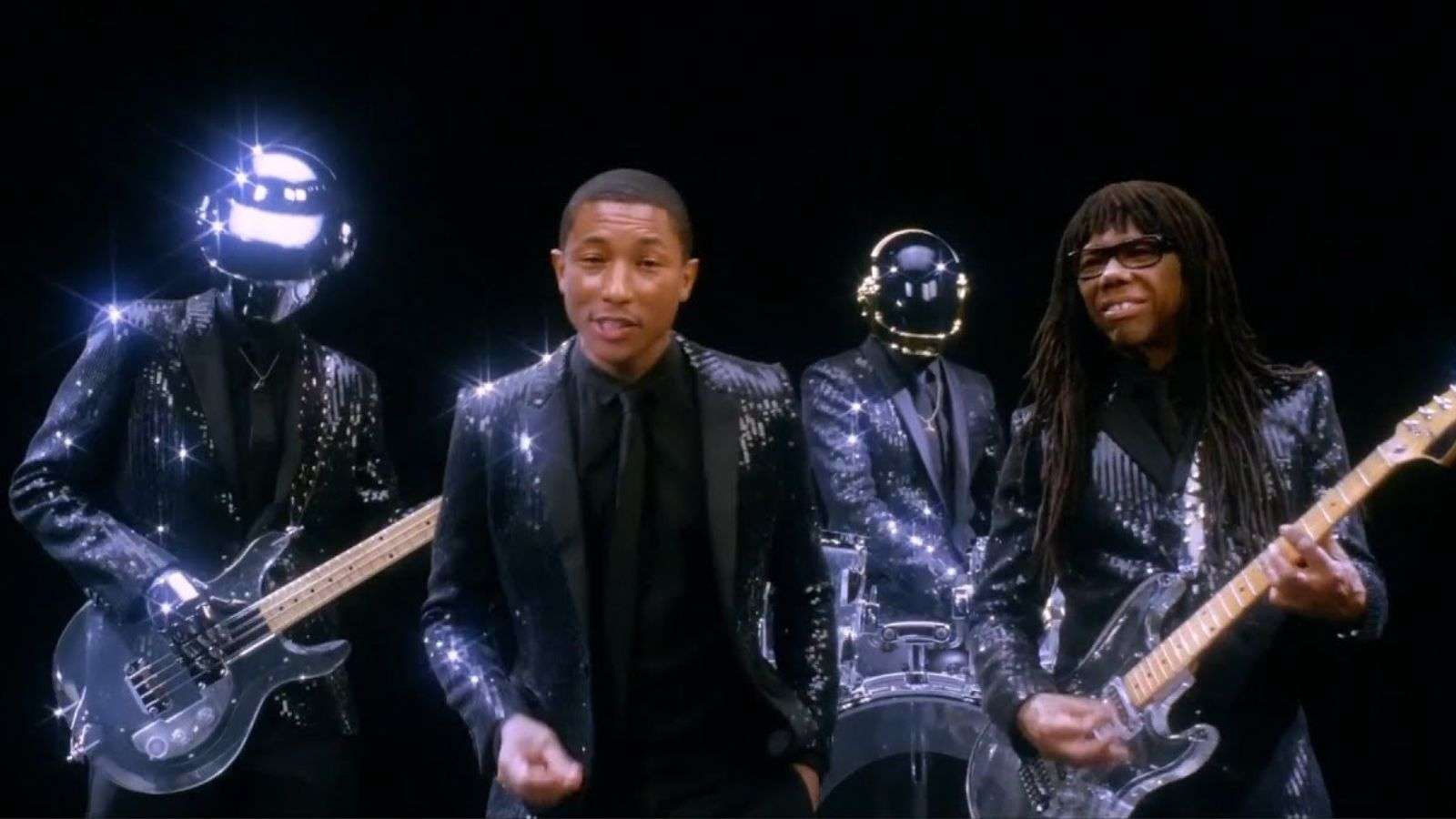 Daft Punk, Pharrell, and Nile Rogers in the music video for Get Lucky