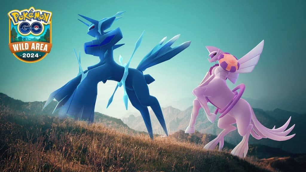 Official art of Primal Dialga and Primal Palkia in Pokemon Go Wild Area.