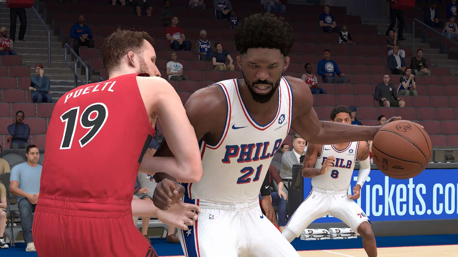 Joel Embiid posting up in NBA 2K25.