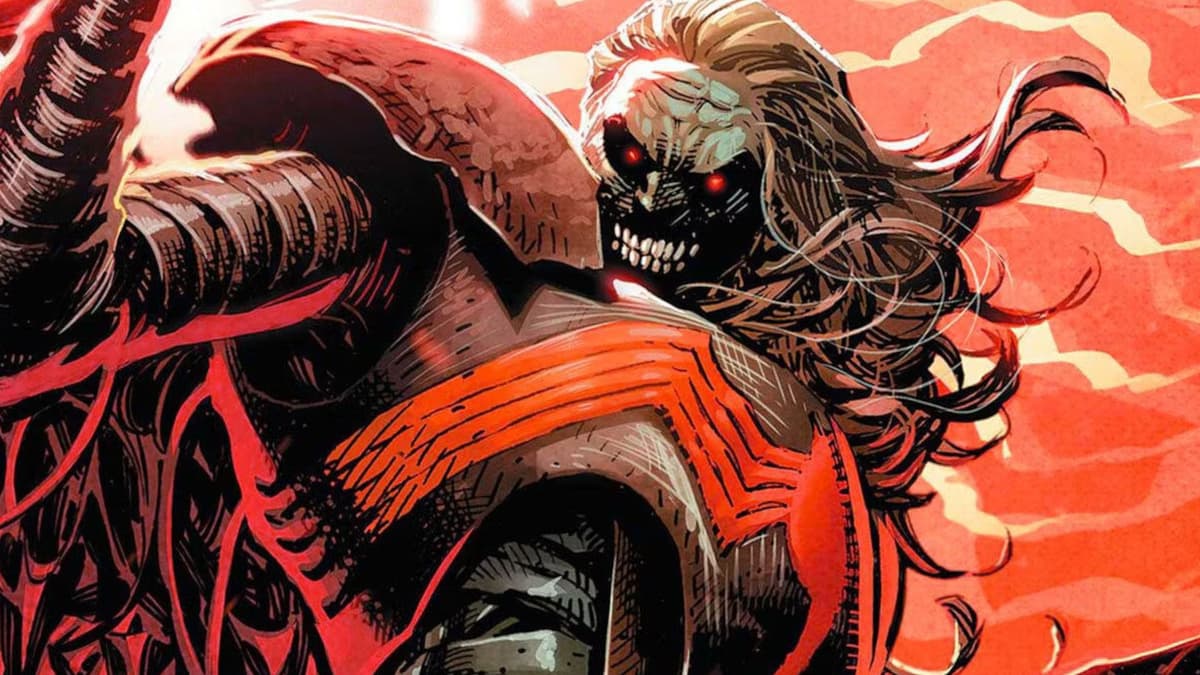 Knull from Marvel comics lit by red lightning