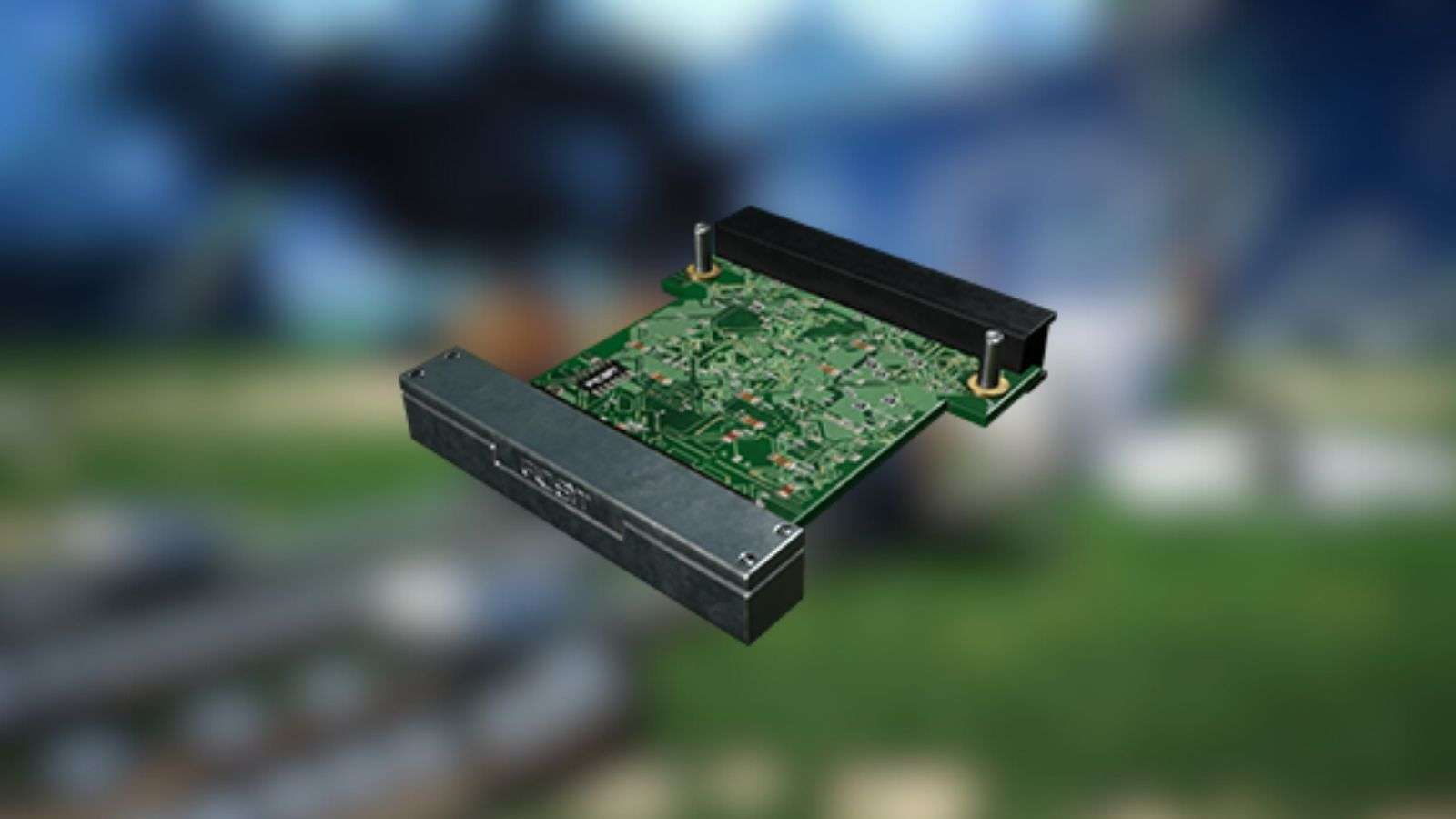 A custom image of the high-speed connector in Satisfactory with a blurred backgroud.