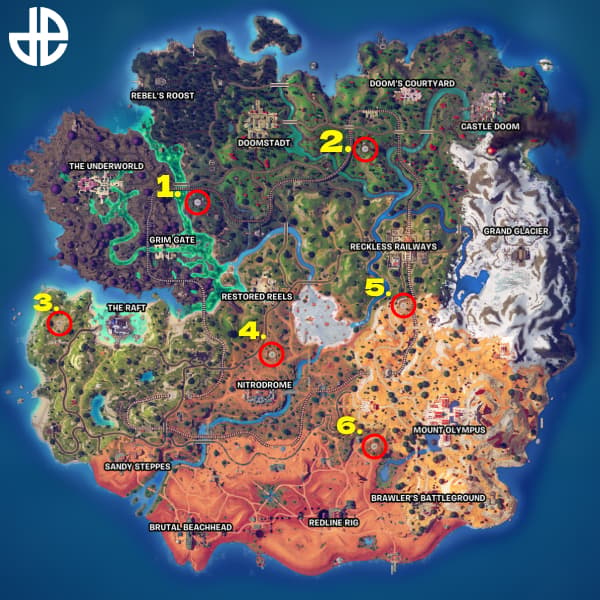 The Fortnite map showing all the Stark Mobile Armory container locations.