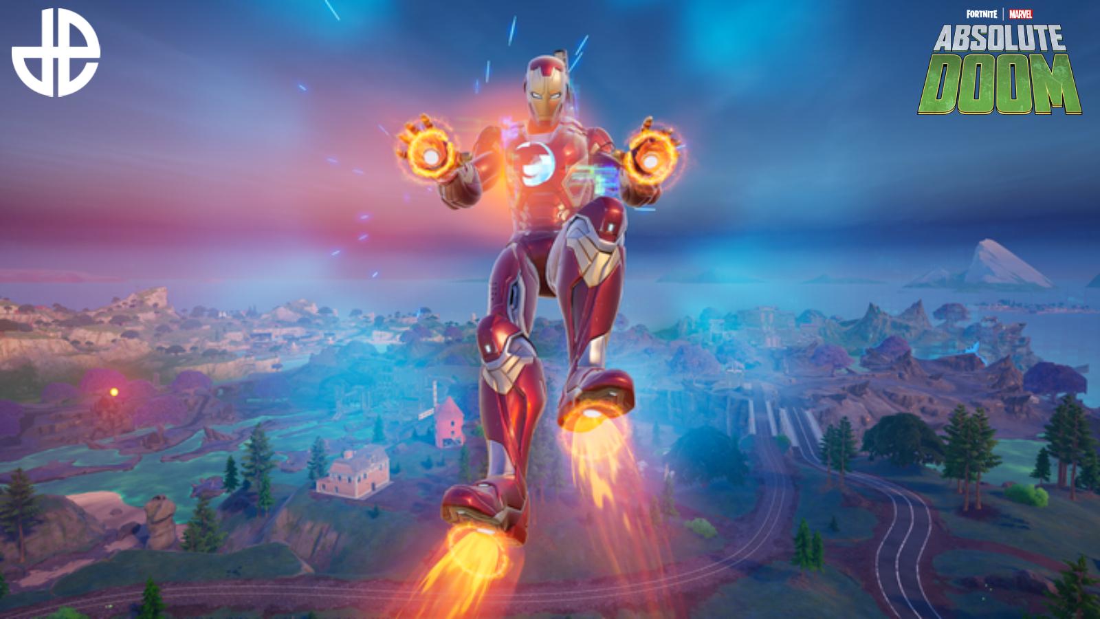 The Fortnite Iron Man Combat Kit and Flight Kit being used by a player during a Battle Royale match.