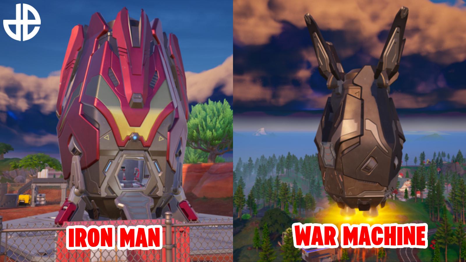 Fortnite screenshot showing both types of Stark Mobile Armory, including Iron Man and War Machine.