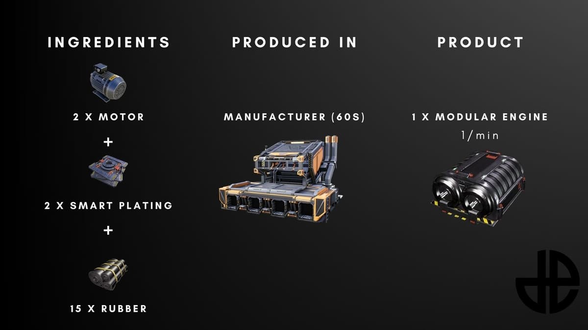 The crafting process for the Modular Engine in Satisfactory.