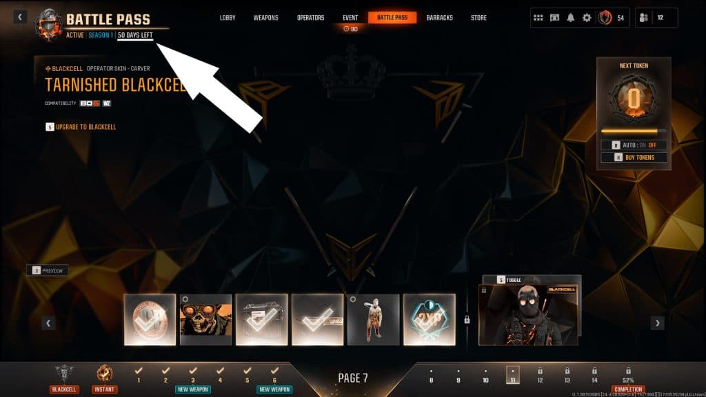 The Black Ops 6 battle pass showing when the next season will begin in the top left corner.