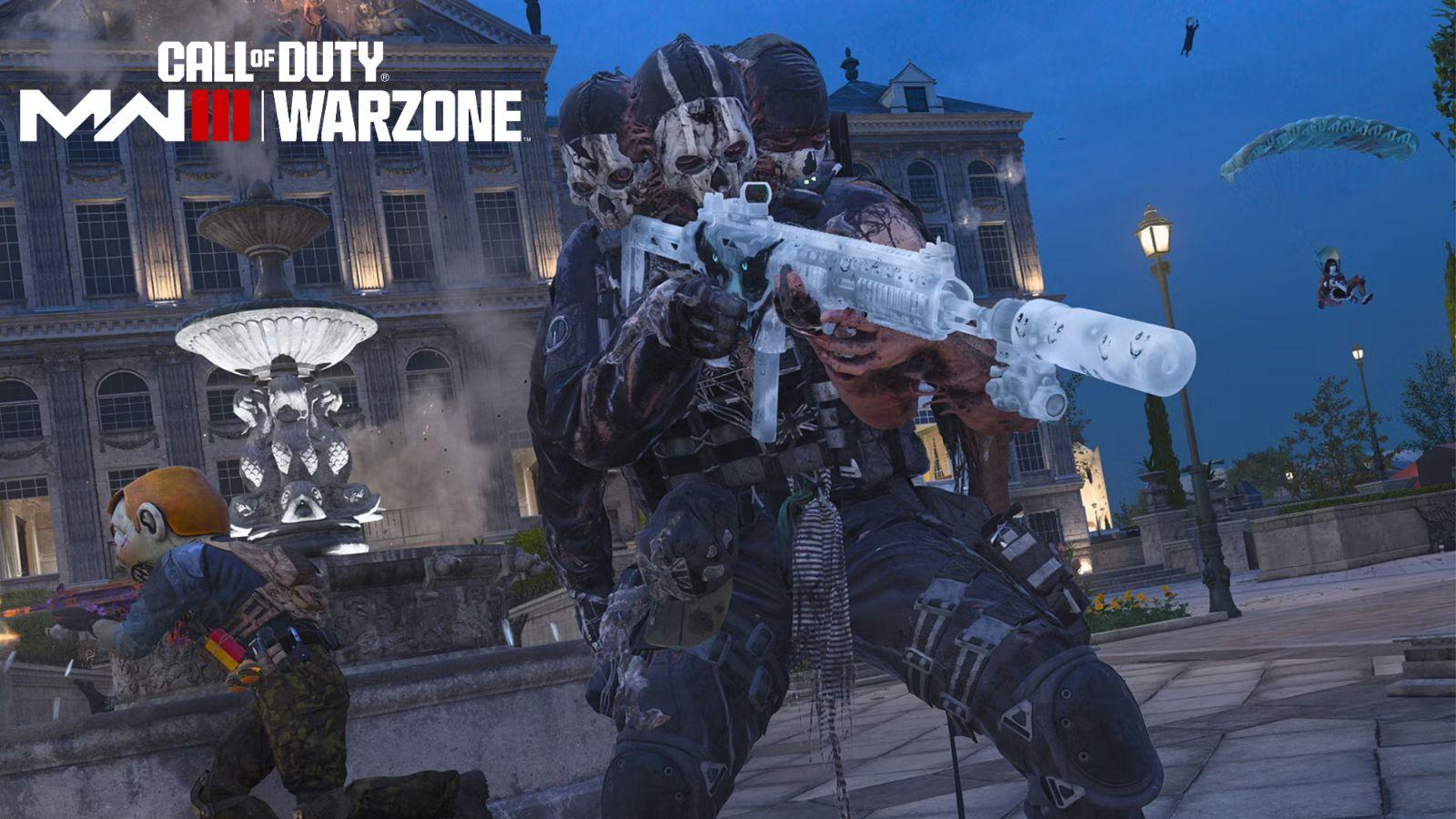 Warzone character running with gun on nighttime halloween map