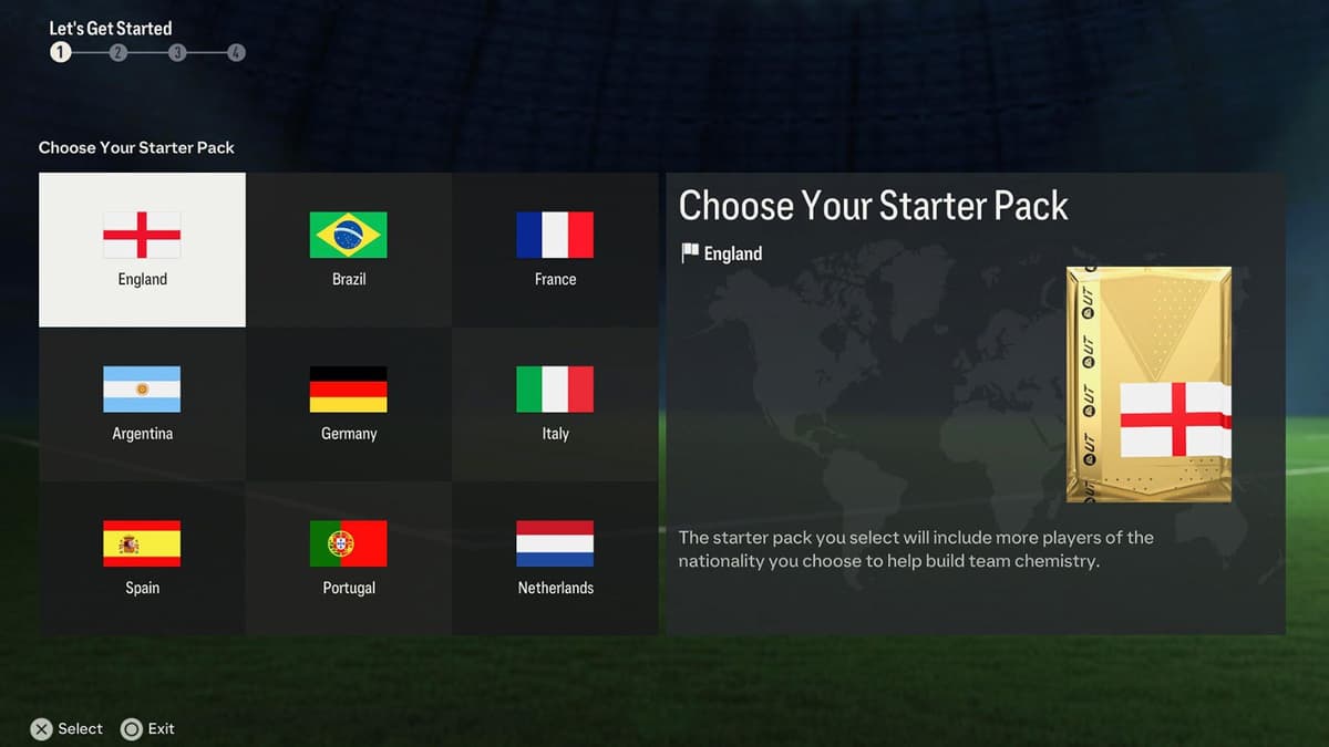 Screenshot of all starter pack options in EA FC 25