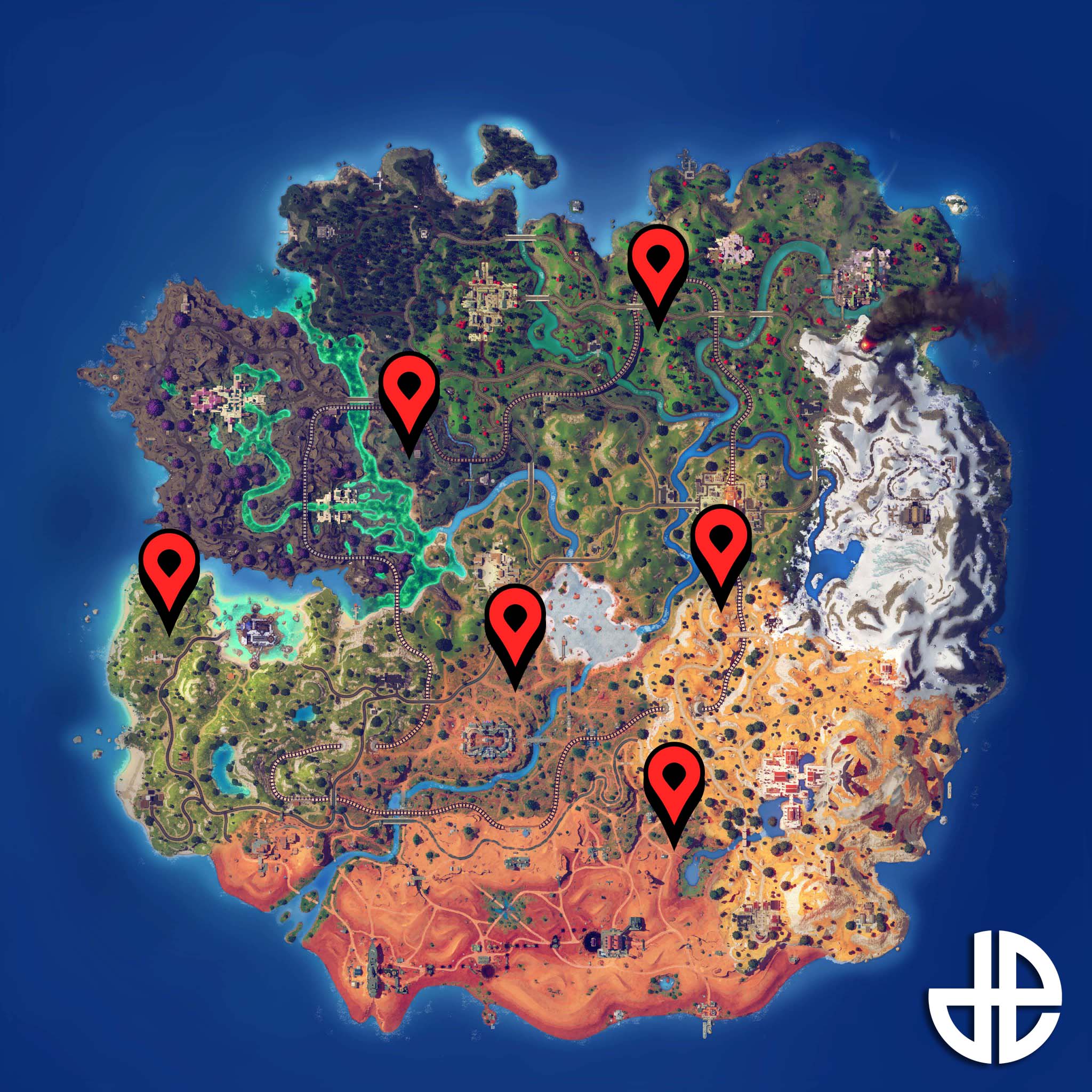 Карта Fortnite с маркером, показывающим местоположение всех сундуков Старка